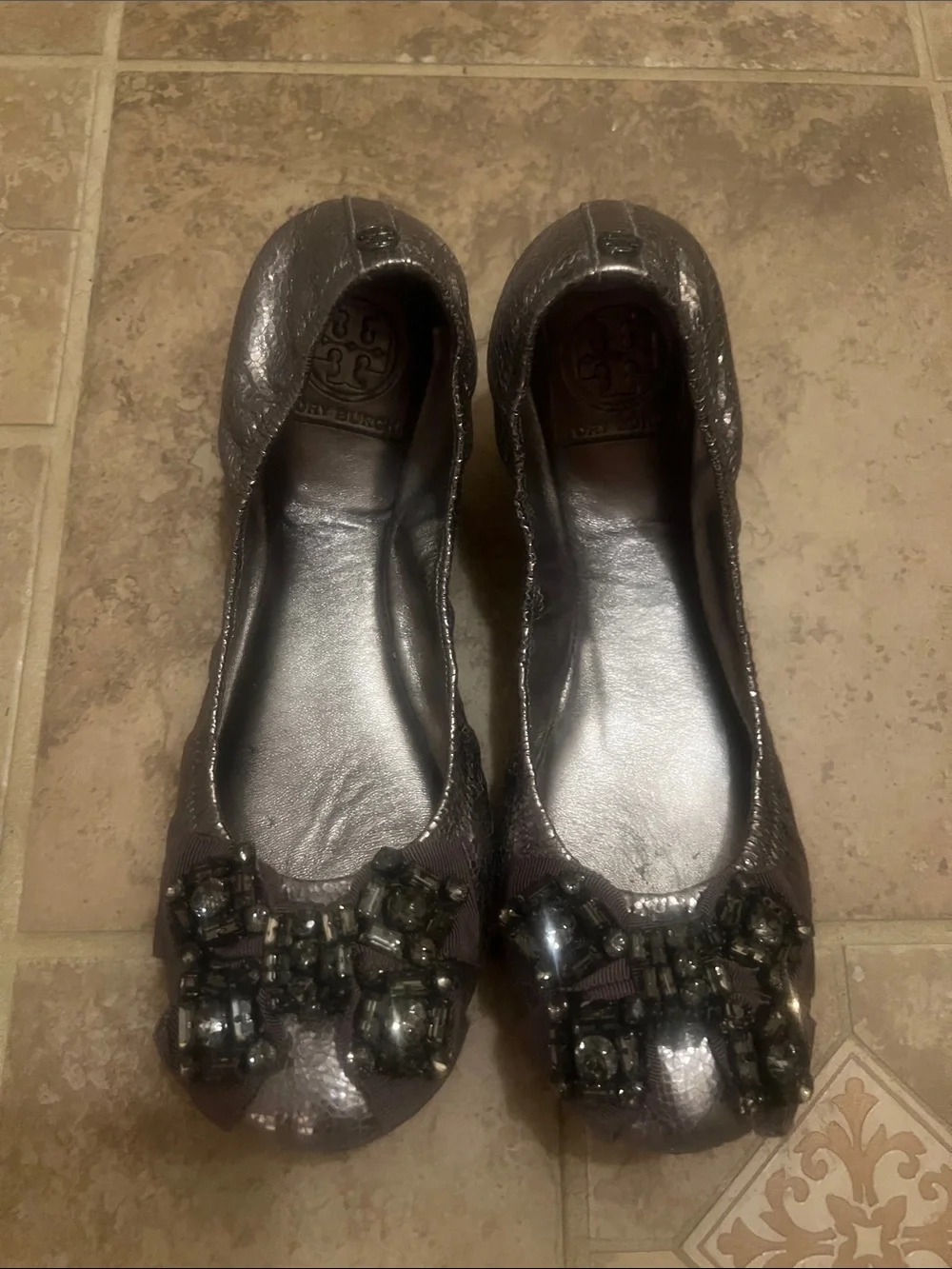 Tory Burch Metallic Gunmetal Jeweled Ballet Flats